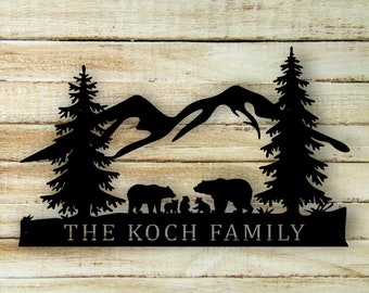 Bear Custom Name Family Scene Themed Steel Wall Art Sign (3 cub)