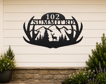 Personalized Deer Address Sign, Deer Antler House Number Sign, Custom Metal Address Plaque, Rustic Cabin Address Sign