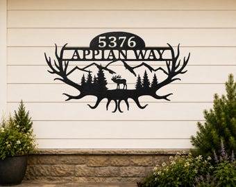 Personalized Elk Address Sign, Elk Antler House Number Sign, Custom Metal Address Plaque, Rustic Cabin Address Sign