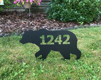 Steel Bear Address Sign | House Number Sign | Address Yard Sign | Housewarming Gift | Bear Yard Art | Metal Address Plaque | Closing Gift