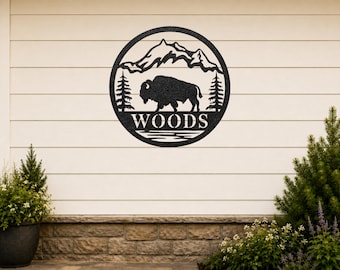 Personalized Buffalo Metal Sign, Bison Family Name Sign, Rustic Cabin Decor, Lodge Wall Art, Custom Wildlife Sign