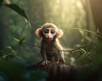 Ethereal cute baby monkey in the jungle digital art
