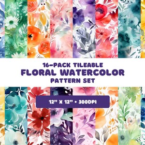 May include: A set of 16 watercolor floral patterns, each featuring a different color scheme and floral design. The patterns are 12 inches by 12 inches and 300 DPI.  The text "16-Pack Tileable Floral Watercolor Pattern Set" is displayed in the center of the image.
