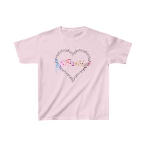 Youth Musical Heart Tee: Rainbow Music Staff Design for Kids - Soft Cotton