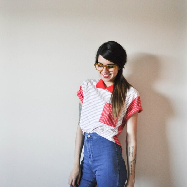 Vintage Red and White Striped Collard T-Shirt