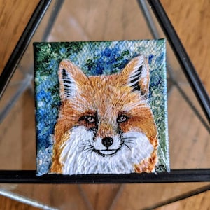 Red Fox Face, 2019- Acrylic on canvas board, 2”x2” mini painting of a red fox. Cute artwork, a great gift for any fox lover!
