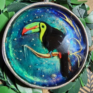 Toucan bird pendant- hand-painted on layered resin. 40mm antique silver plated brass pendant. Pendant with 15&quot; neckwire