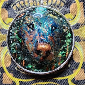 Wolf Bear Face pendant in the forest- hand sculpted, painted, and set in resin. 40mm antique silver plated brass pendant. Pendant only