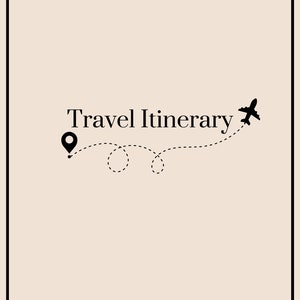 May include: A black and white illustration of a plane taking off from a location pin with a dotted line path. The text "Travel Itinerary" is above the illustration. The text "Stefanie Frasca of JetSetSteff" is below the illustration.