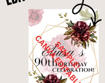 Letrero de bienvenida de cumpleaños / Rosas rojas románticas para 90 cumpleaños, lienzo personalizable