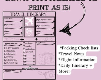 ITINERARIO DE VIAJE / Listas de verificación de equipaje, planes organizados para el día y la noche, personalizables, editables en Canva, ¡itinerario de 7 días!