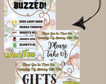 Paquete de carteles de cumpleaños de TOY STORY. Menú de bar para adultos, cartel para mesa de regalos, cartel para mesa de recuerdos. ¡100 % personalizable en CANVA!