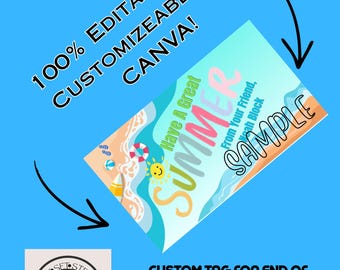 ¡Tarjeta de fin de año/verano! Para bolsitas de regalos, obsequios, etiquetas, etc. 100% personalizable en CANVA.