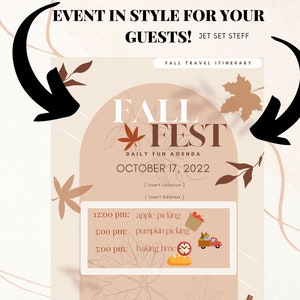 Puede incluir: Un folleto de evento de festival de otoño con un fondo marrón y naranja. El texto dice "Fall Fest" con una hoja de arce y una estrella. La fecha es el 17 de octubre de 2022. El folleto enumera las actividades del día, que incluyen la recolección de manzanas, la recolección de calabazas y el tiempo de horneado.