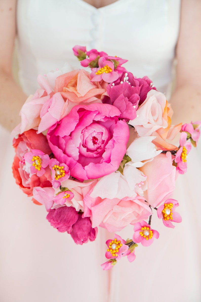 Bouquet De Mariee Fleurs Soie Naturelle Blush Et Rose Fleurs De Cerisier Roses Et Pivoines Bouquet De Mariage Fleurs En Soie