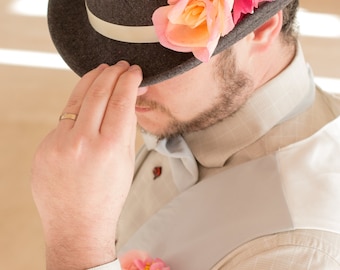 Groom hat - fedora with silk flowers - pink and grey wedding