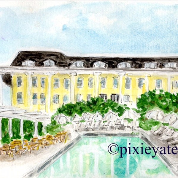 Poolside at Congress Hall watercolor art print, cape may,new jersey, cape cod, personalize, art by pixie yates
