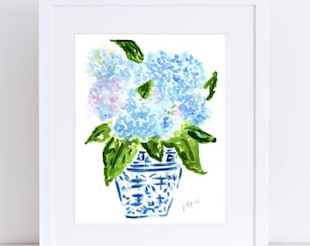 Blue Hydrangea Ginger Jar Print, Watercolor Home Decor, Floral Wall Art, Art by Pixie Yates, blue and white, chinoiserie