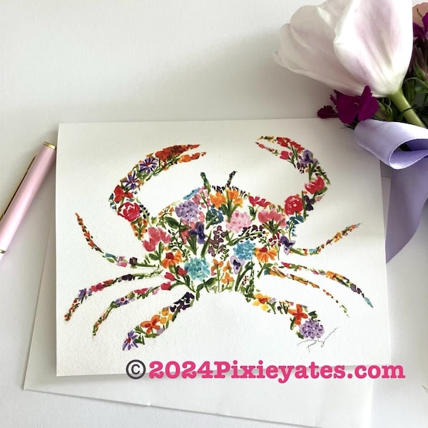 Flower Crab Folded Notecards, art by pixie yates, set of 10, Cape Cod, coastal art