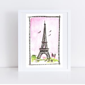May include: Watercolor painting of the Eiffel Tower in Paris, France, set against a pink background. The artwork is framed in a white border, with a simple depiction of the tower, trees, and birds.