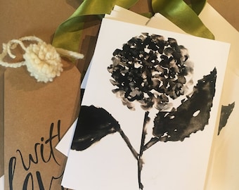 Greeting cards, Folded Notecards,Hydrangea, Black and White,set of 10 cards and envelopes