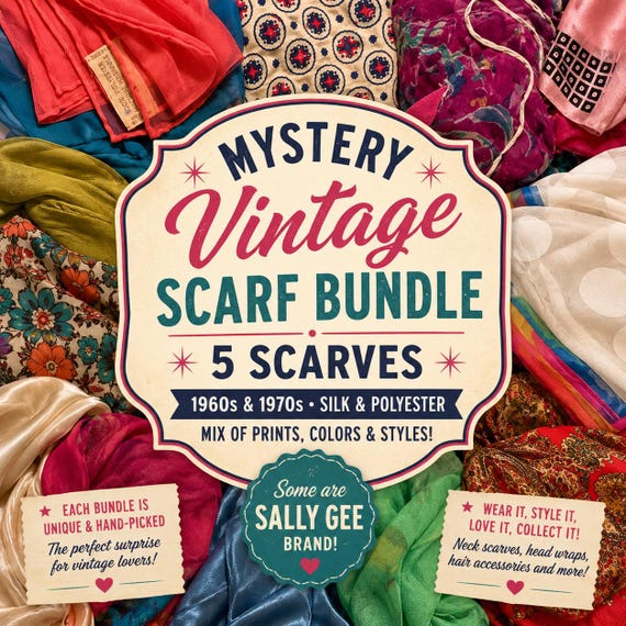 Mystery Vintage Scarf Bundle 5 Scarves | 1960s 1970s Silk Polyester | Sally Gee & Department Store Scarves