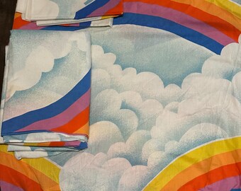 Vintage Regenbogen Wolke Zwillings Bettlaken | Sears Perma Perst Musselin | 70er 80er Jahre Regenbogen Bettwäsche | Made in USA Bettwäsche