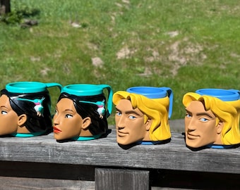 Vintage 1995 Disney Pocahontas 3D Character Mugs – Set of 4 – Pocahontas & John Smith – 90s Disney Collectible Cups