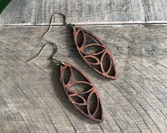 Geometric Wood Earrings / Laser Cut Wood Earrings / Walnut Toned Wood Earrings