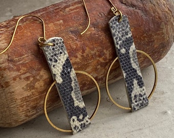 Leather and Brass Hoops // Leather Earrings // Animal Print Earrings // Raw Brass Earrings