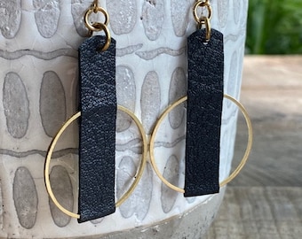 Leather and Brass Hoops // Leather Earrings // Brass Earrings // Black Leather Earrings