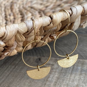 Brass Circle and Half Circle Earrings // Brass Circle and Leather Earrings // Textured Raw Brass Earrings // Gifts for Her image 3