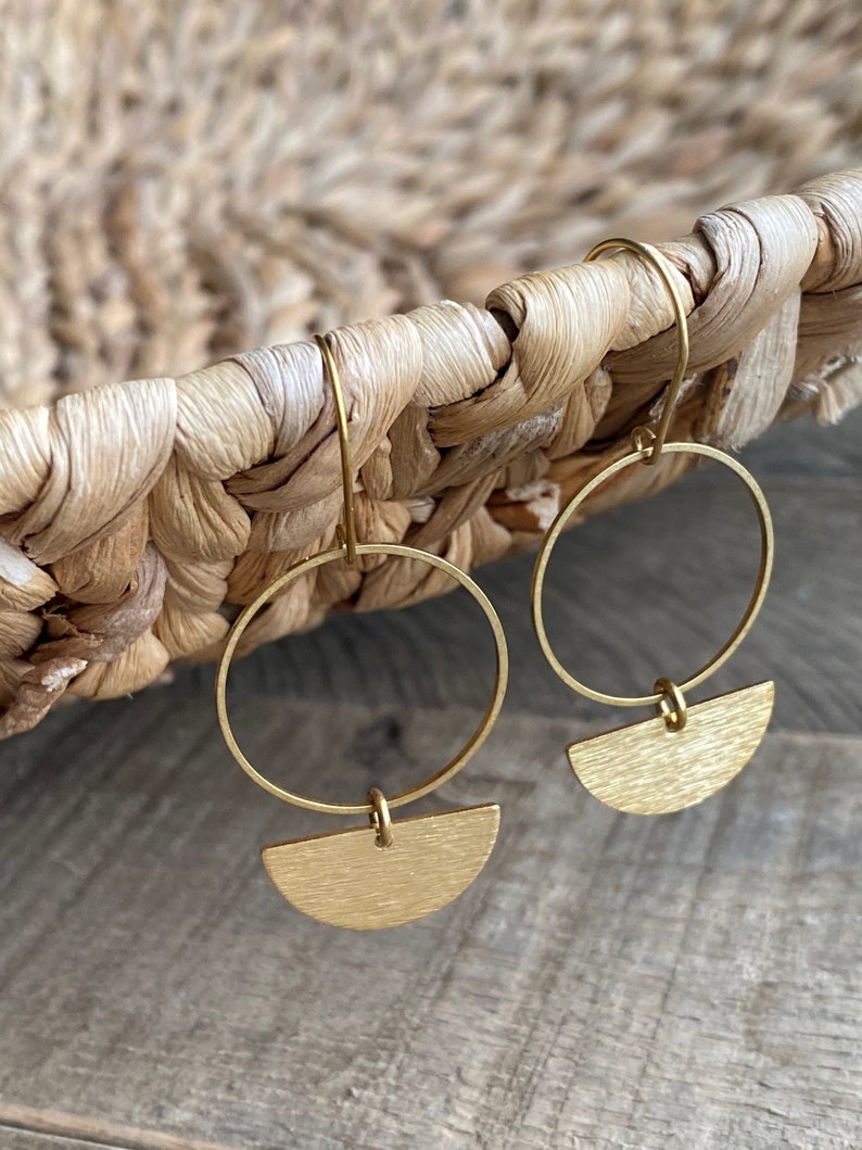 Brass Circle and Half Circle Earrings // Brass Circle and Leather Earrings // Textured Raw Brass Earrings // Gifts for Her image 3
