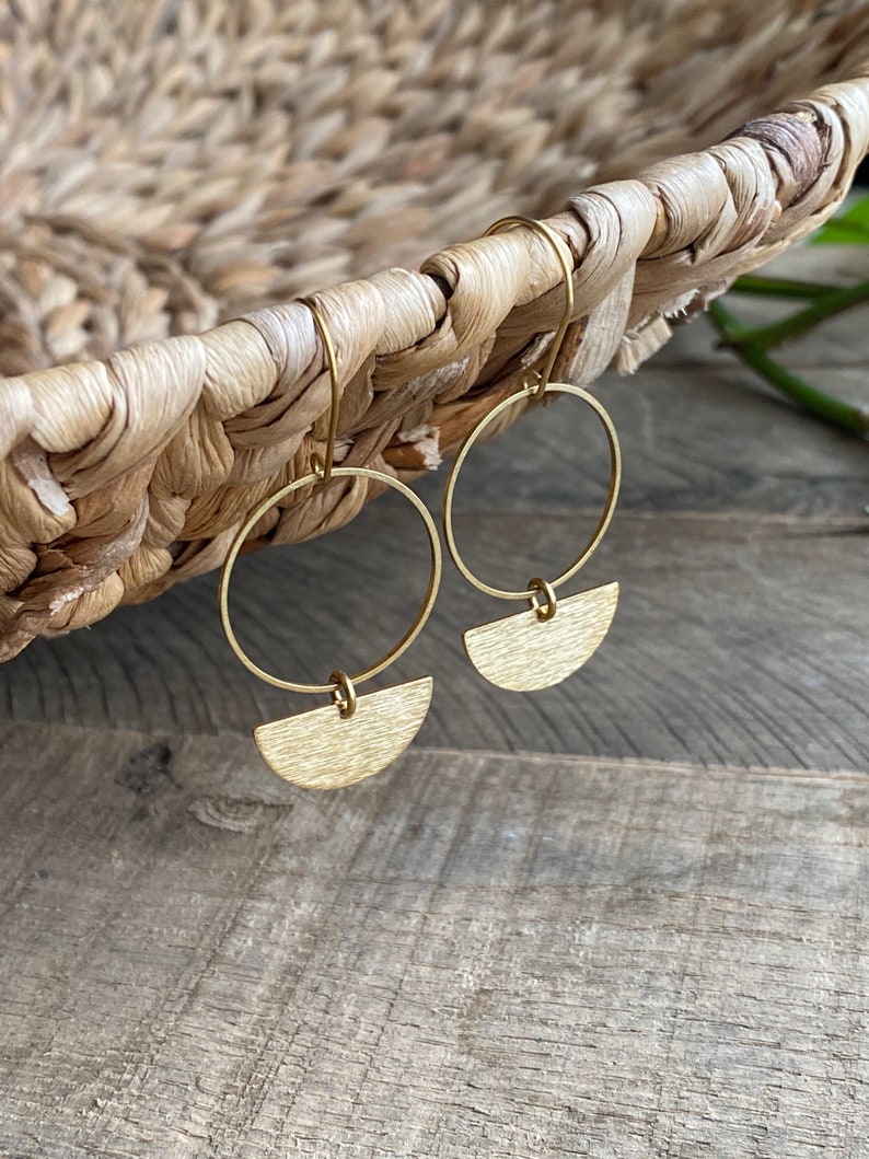 Brass Circle and Half Circle Earrings // Brass Circle and Leather Earrings // Textured Raw Brass Earrings // Gifts for Her image 2