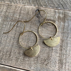Brass Circle and Half Circle Earrings // Brass Circle and Leather Earrings // Textured Raw Brass Earrings // Gifts for Her image 4