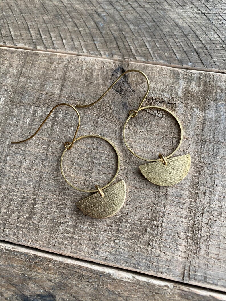 Brass Circle and Half Circle Earrings // Brass Circle and Leather Earrings // Textured Raw Brass Earrings // Gifts for Her image 4