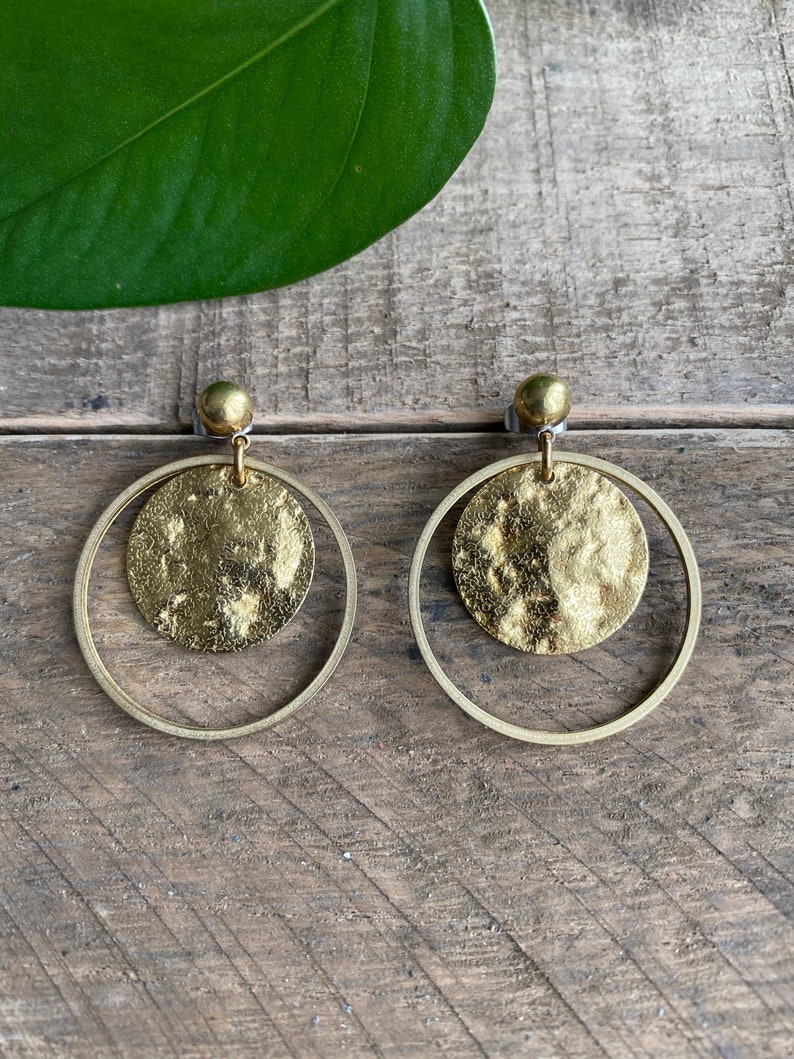 Textured Brass Circle Earrings // Mid Century Earrings // Raw Brass Circle Earrings // image 1