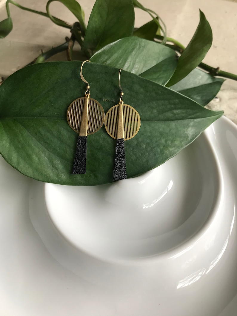 Brass and Leather Earrings // Leather and Brass Earrings // Art Deco Earrings // Black Leather Earrings // Mid Century Modern Earrings // image 4