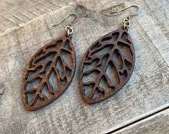 Wood Leaf Earrings // Birch Stained Earrings // Laser Cut  // Gifts for Her // Christmas Gift // Stocking Stuffer // Nature Earrings