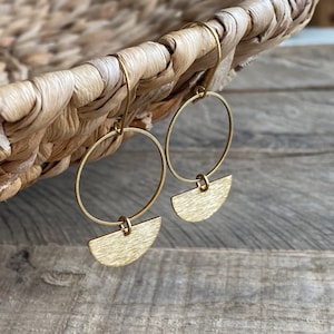 Brass Circle and Half Circle Earrings // Brass Circle and Leather Earrings // Textured Raw Brass Earrings // Gifts for Her image 1