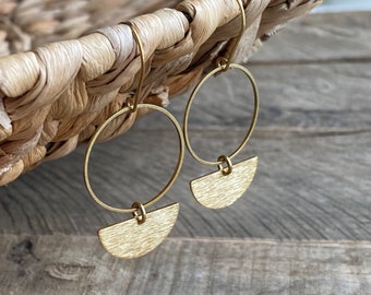 Brass Circle and Half Circle Earrings // Brass Circle and Leather Earrings // Textured Raw Brass Earrings // Gifts for Her