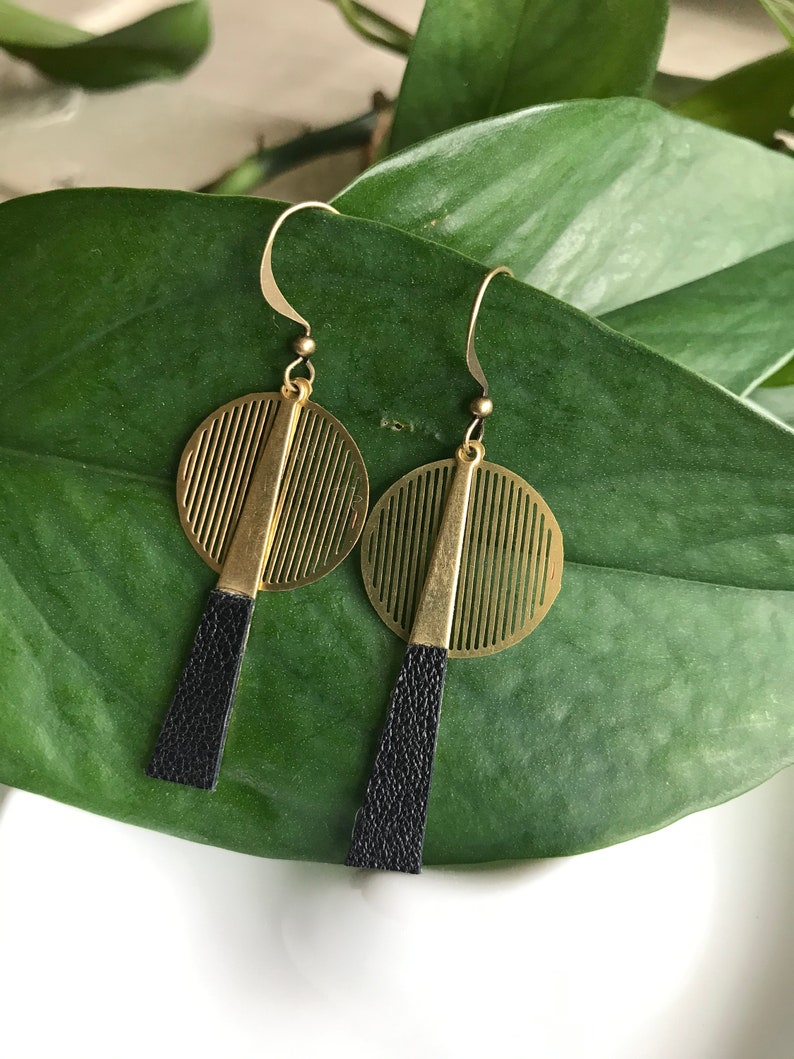 Brass and Leather Earrings // Leather and Brass Earrings // Art Deco Earrings // Black Leather Earrings // Mid Century Modern Earrings // image 3