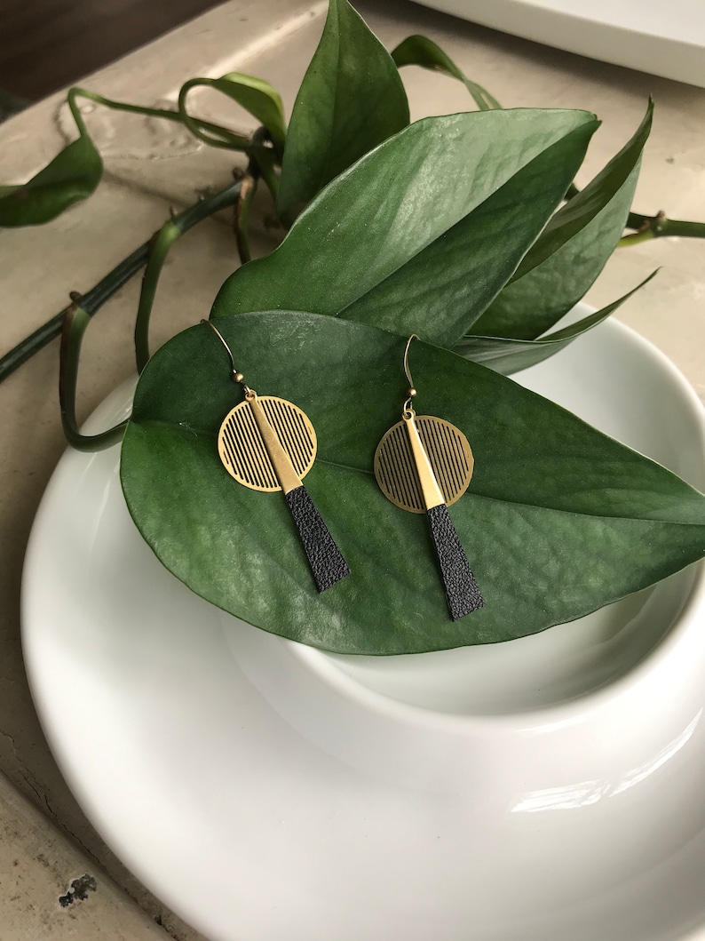 Brass and Leather Earrings // Leather and Brass Earrings // Art Deco Earrings // Black Leather Earrings // Mid Century Modern Earrings // image 1