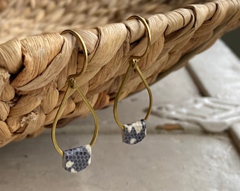 Leather and Brass Tear Drop Earrings // Leather Earrings // Animal Print Earrings // Raw Brass Earrings