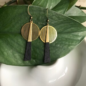 Brass and Leather Earrings // Leather and Brass Earrings // Art Deco Earrings // Black Leather Earrings // Mid Century Modern Earrings // image 2