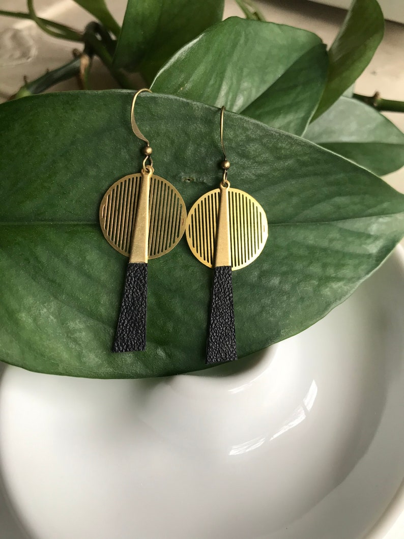 Brass and Leather Earrings // Leather and Brass Earrings // Art Deco Earrings // Black Leather Earrings // Mid Century Modern Earrings // image 2
