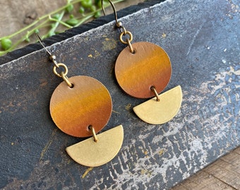 Ombre Painted Leather and Brass Earrings // Earth Toned Earrings // Art Deco Style // Hand Painted // Raw Brass // Gifts for Her //