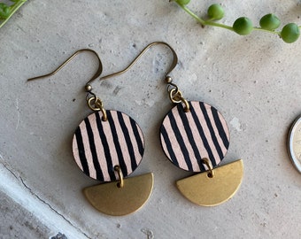 Painted Leather and Brass Earrings // Black Striped Earrings // Art Deco Style // Hand Painted // Gifts for Her // Birthday Gift