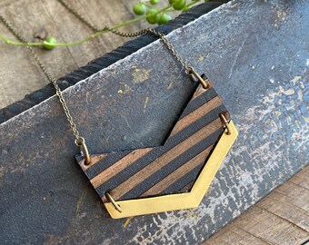 Striped Chevron Leather Necklace // Brown Leather and Brass Necklace // Gifts for Her // Christmas Gift // Christmas Gift for Her //