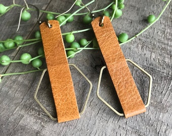 Leather and Brass Hexagon Camel Earrings // Leather Earrings // Brass Earrings // Raw Brass Earrings // Casual Modern Leather Earrings